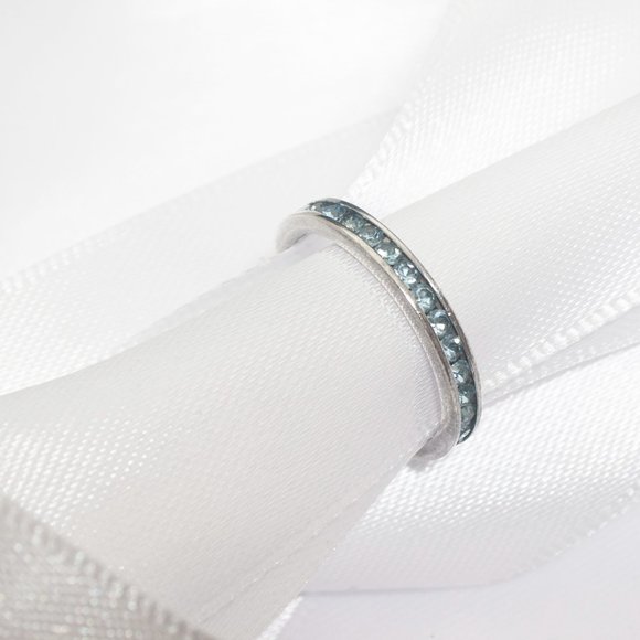 Vintage Dainty Band with Blue CZ Stones 925 Silver Ring, Size 6.75, Retro Gift - Picture 3 of 5